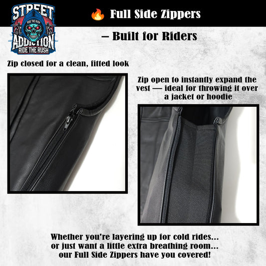 🔧 Full Side Zippers: The Ultimate Functionality in Street Addiction Vests