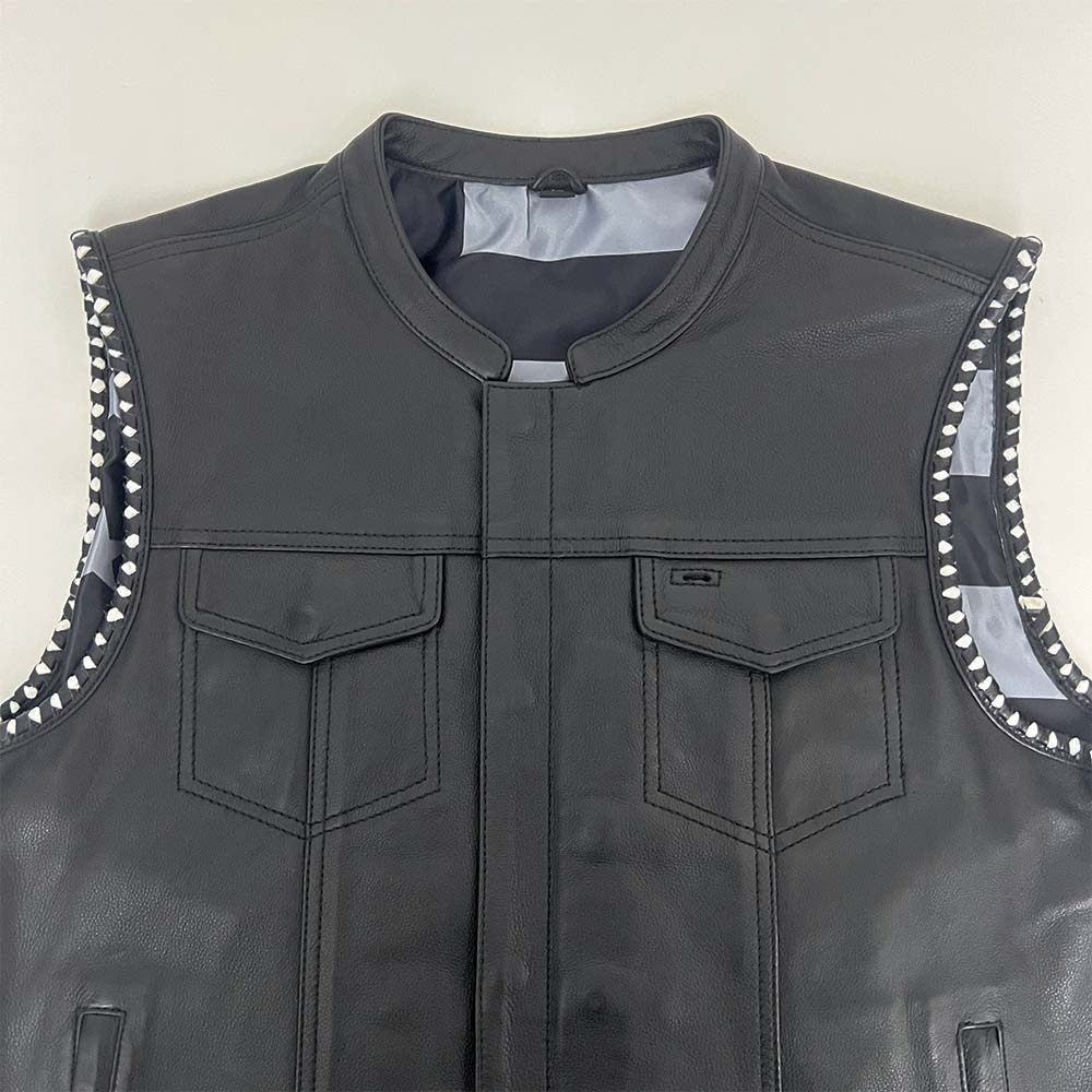 Premium Leather Vest with Black and Gray American Flag Liner- Size 3X (51)