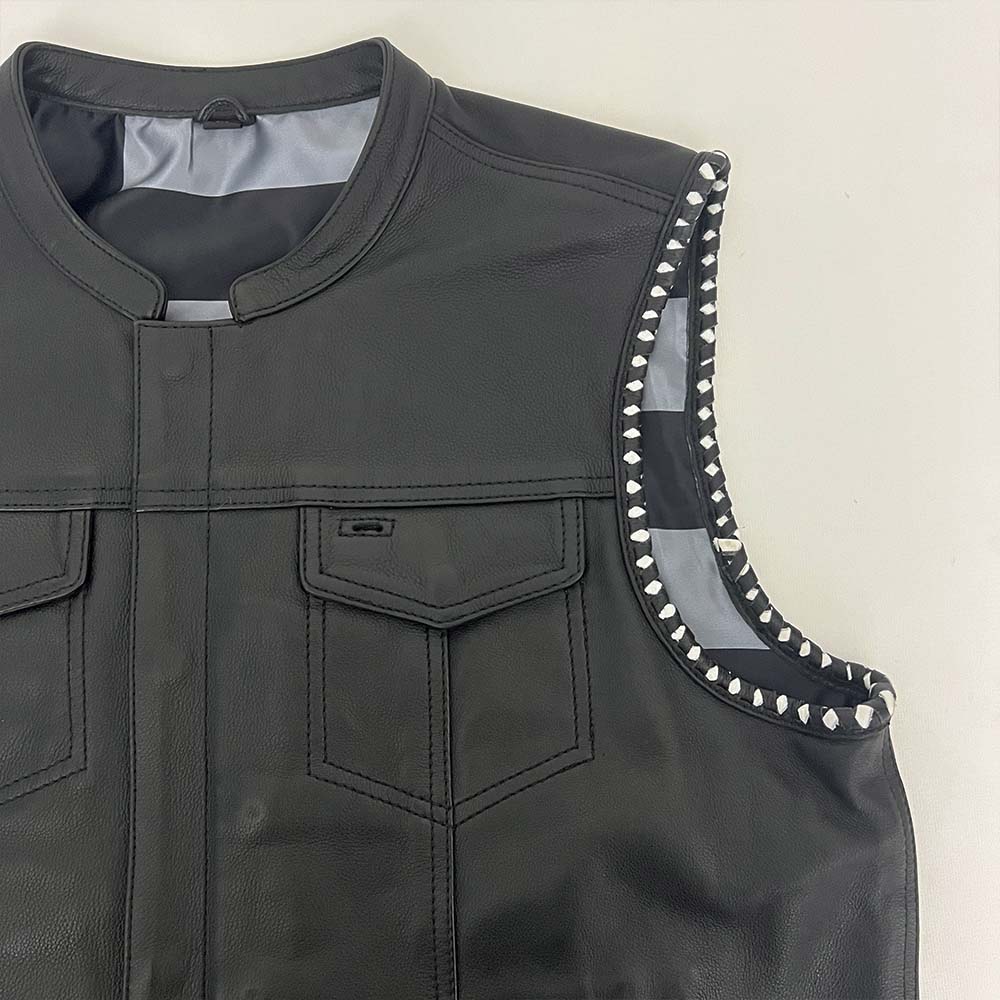Premium Leather Vest with Black and Gray American Flag Liner- Size 3X (51)