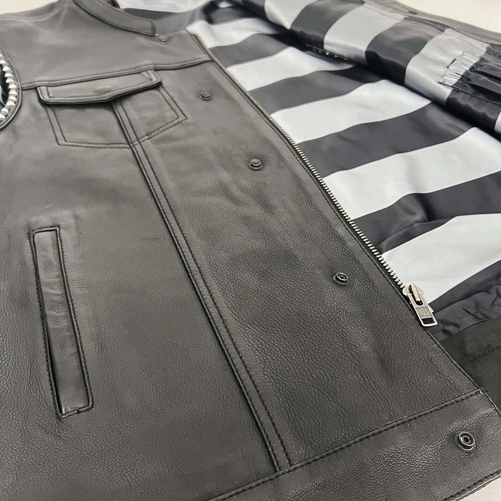Premium Leather Vest with Black and Gray American Flag Liner- Size 3X (51)