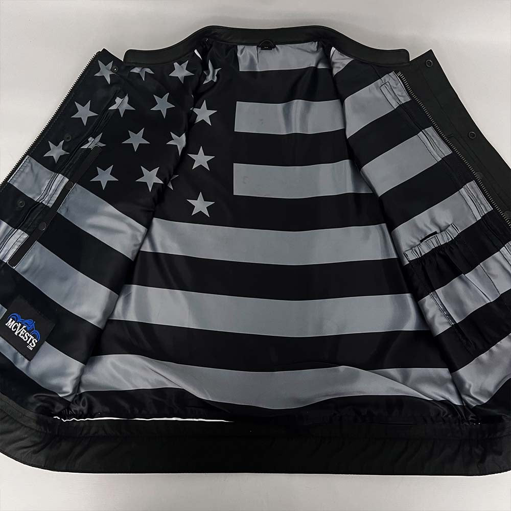 Premium Leather Vest with Black and Gray American Flag Liner- Size 3X (51)