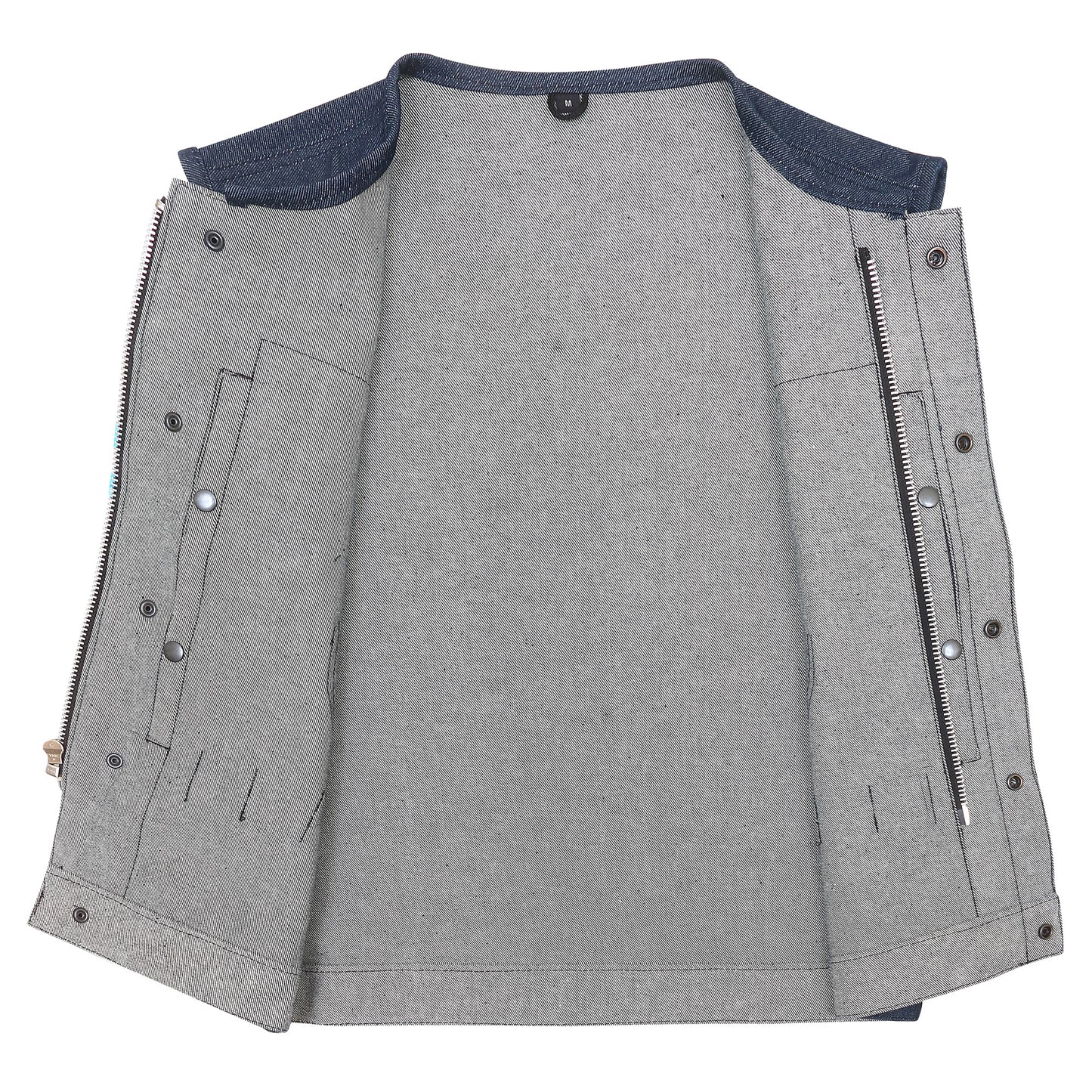 Blue Raw Denim Club Style Vest with Rolled Collar