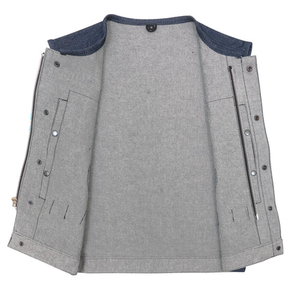 Blue Raw Denim Club Style Vest with Rolled Collar