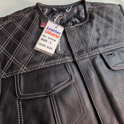 Mens Leather Custom Vest with White Diamond Stitch and Gun Pockets - Size Large / 45