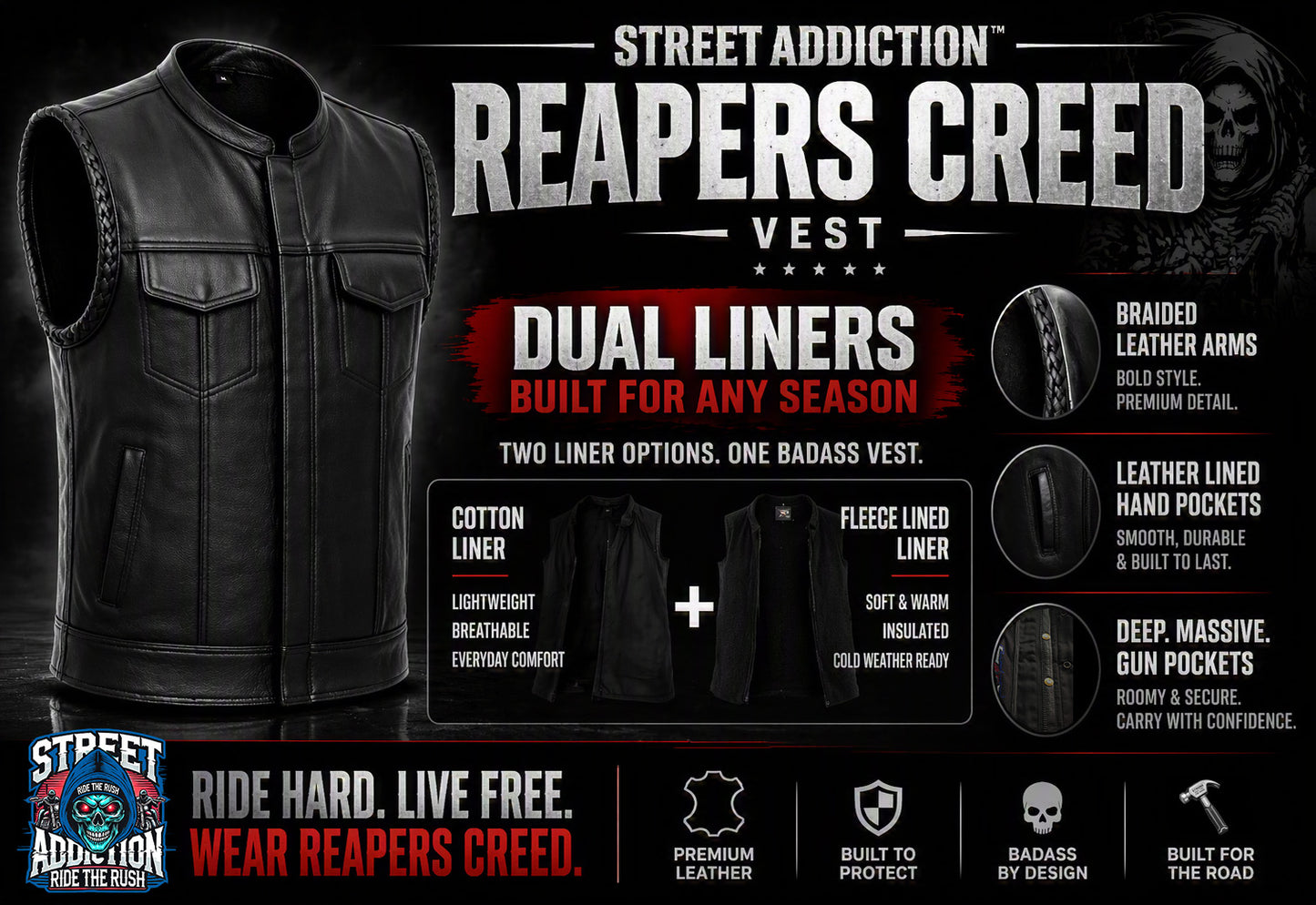 Reapers Creed Vest – Dual Removable Liners, Braided Arms, Gun Pockets & Single Back Panel