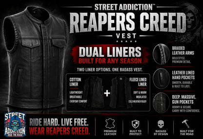 Reapers Creed Vest – Dual Removable Liners, Braided Arms, Gun Pockets & Single Back Panel