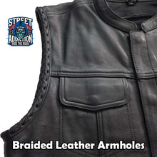 Reapers Creed motorcycle leather vest braided armhole trim detail