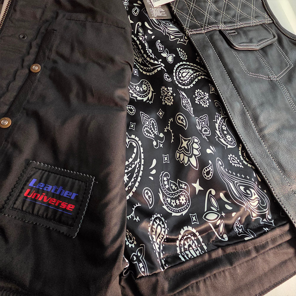 Mens Leather Custom Vest with White Diamond Stitch and Gun Pockets - Size Large / 45