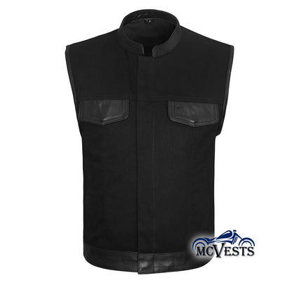 Black Denim Vest with Leather Trim