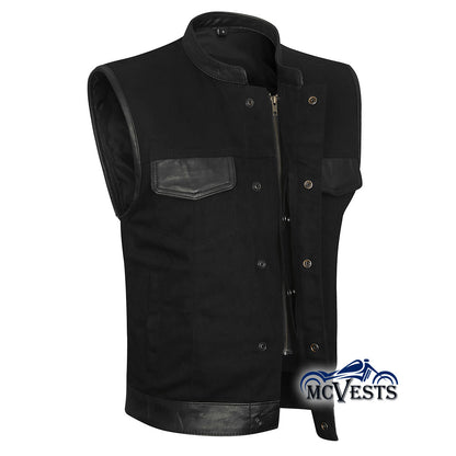 Black Denim Vest with Leather Trim