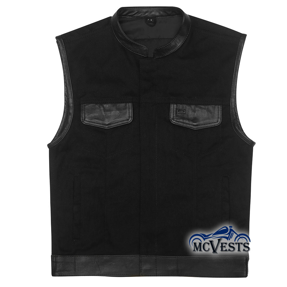 Black Denim Vest with Leather Trim