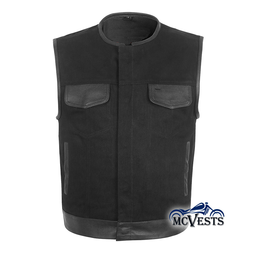 Black Denim Vest with Leather Trim