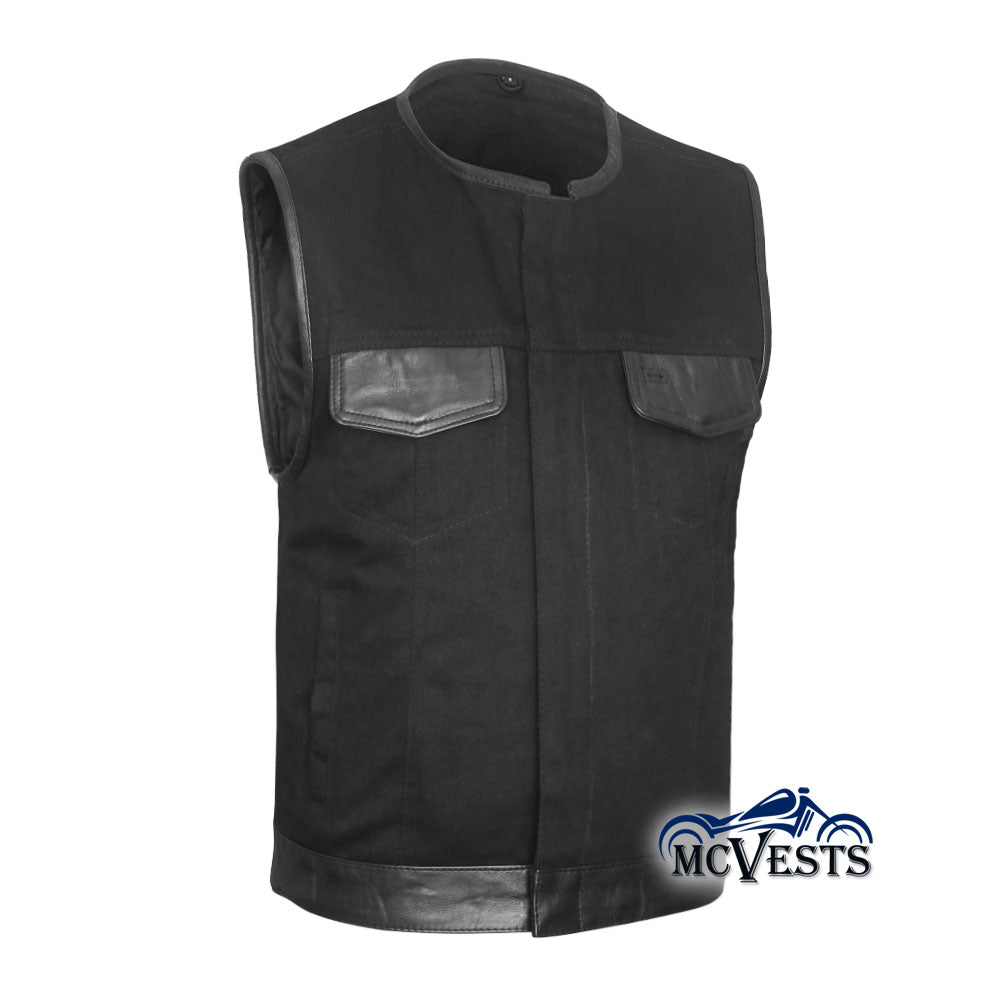 Black Denim Vest with Leather Trim