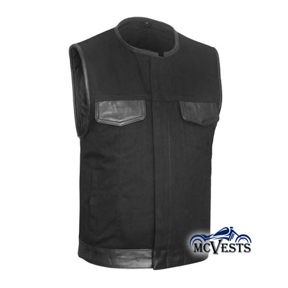 Black Denim Vest with Leather Trim