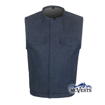 Blue Raw Denim Club Style Vest with Rolled Collar