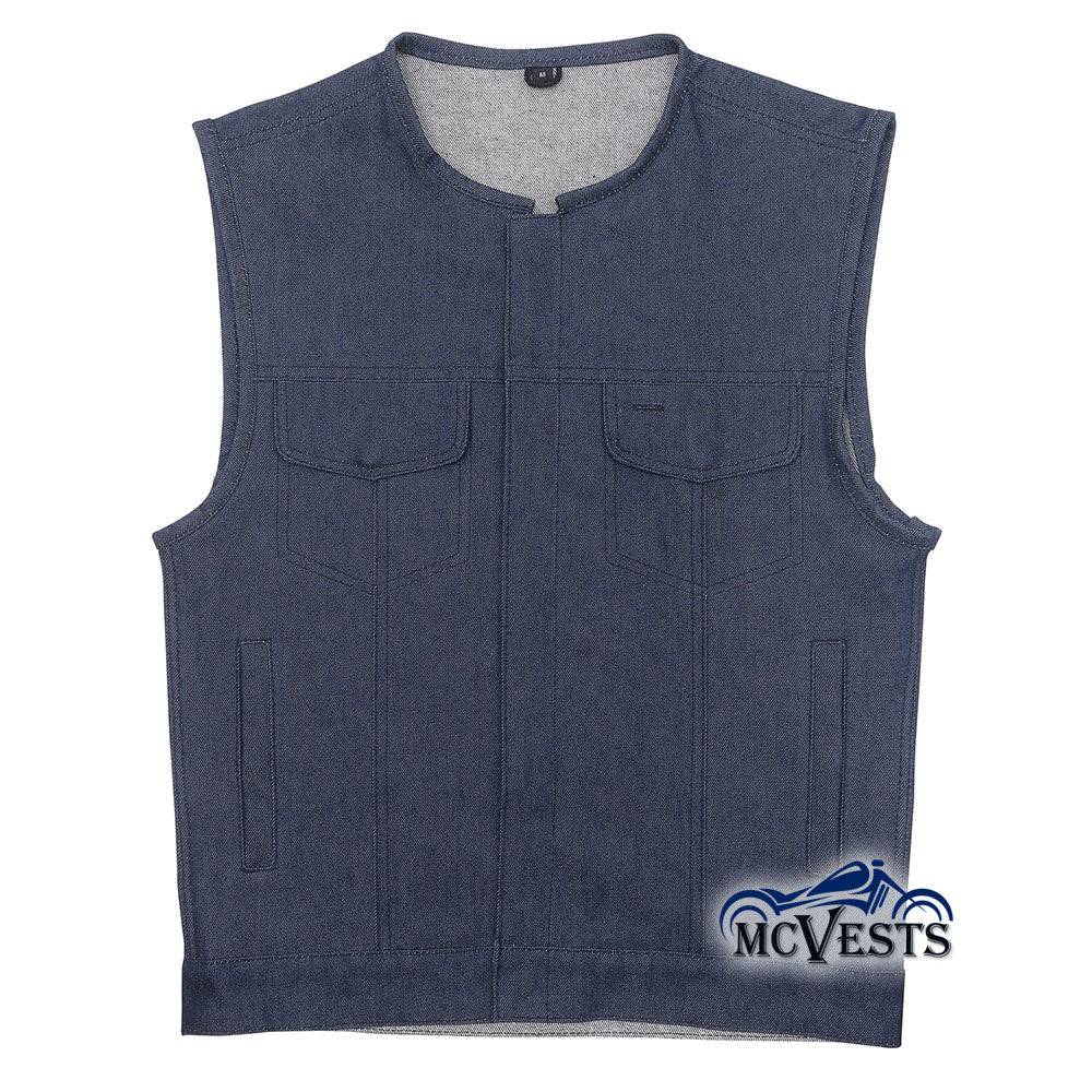 Blue Raw Denim Club Style Vest with Rolled Collar