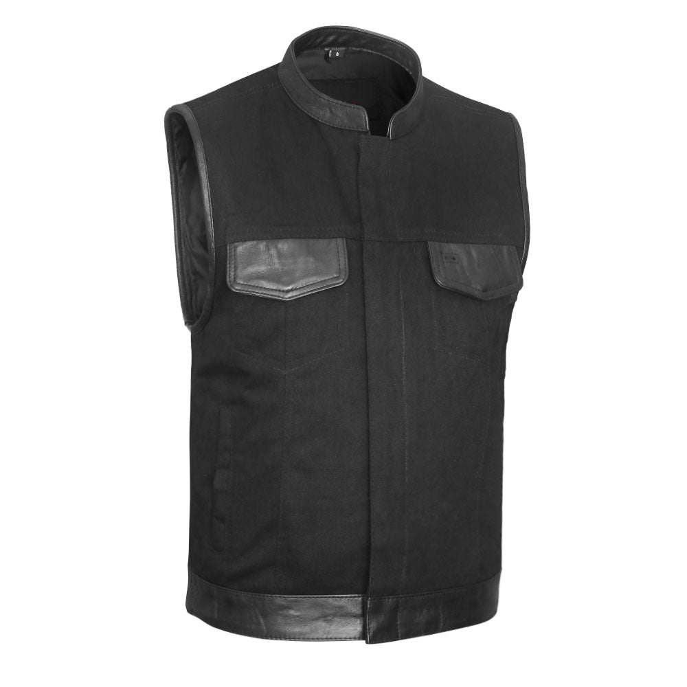 Black Denim Vest with Leather Trim