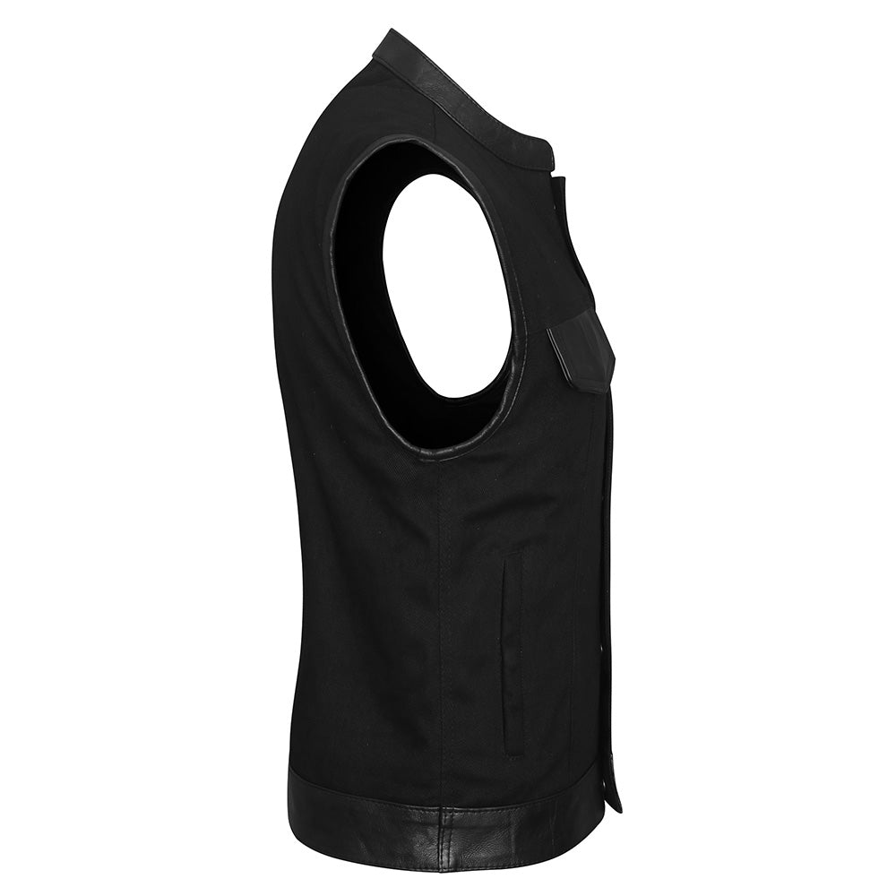 Black Denim Vest with Leather Trim