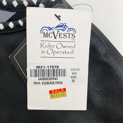 Premium Leather Vest with Black and Gray American Flag Liner- Size 3X (51)