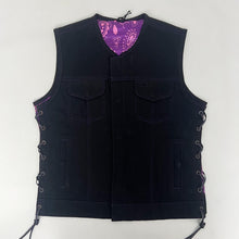 Ladies Black Denim Vest with Purple and Pink Bandana Liner - Size 38