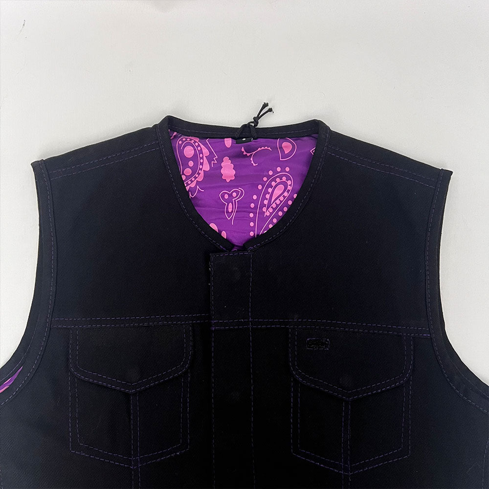 Ladies Black Denim Vest with Purple and Pink Bandana Liner - Size 38