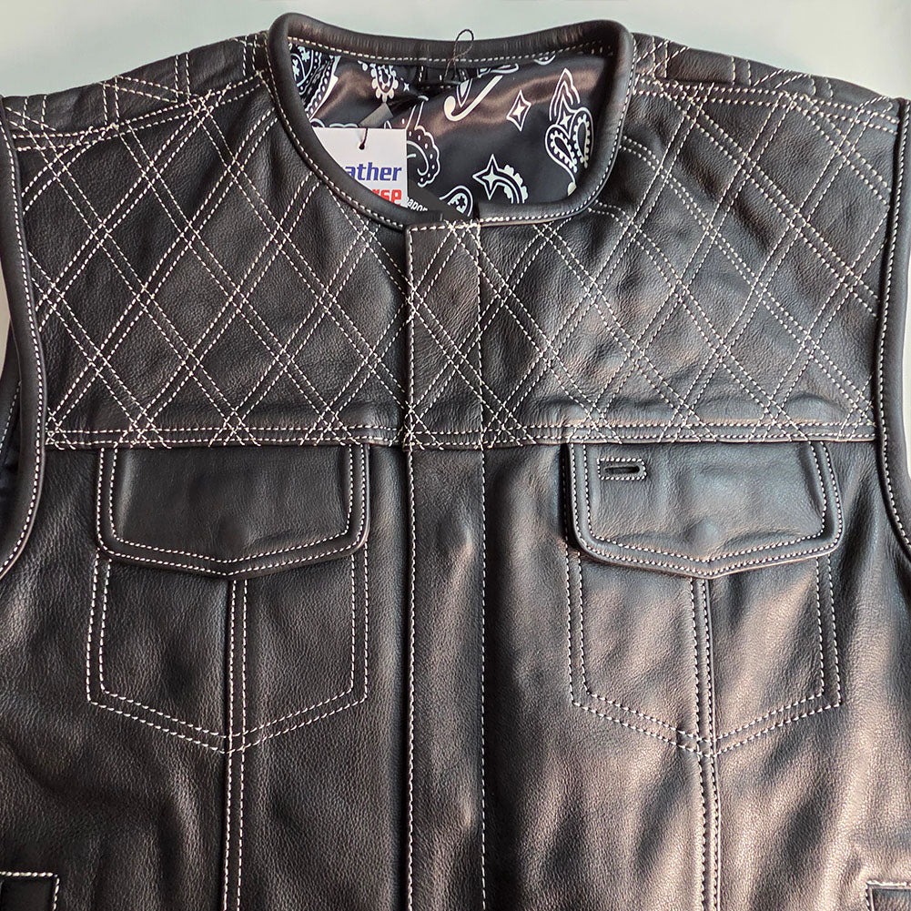 Mens Leather Custom Vest with White Diamond Stitch and Gun Pockets - Size Large / 45