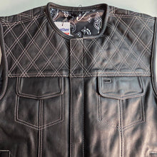 Mens Leather Custom Vest with White Diamond Stitch and Gun Pockets - Size Large / 45