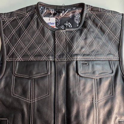 Mens Leather Custom Vest with White Diamond Stitch and Gun Pockets - Size Large / 45