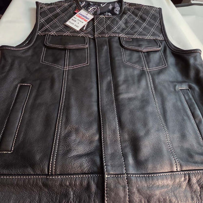 Mens Leather Custom Vest with White Diamond Stitch and Gun Pockets - Size Large / 45