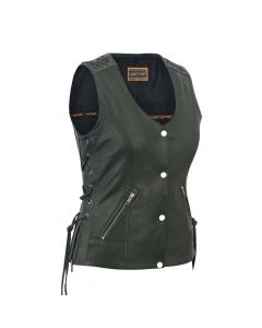 Ladies Goatskin Leather Vest with Lacing Accents on Shoulders and Lower Back