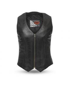 Womens First Manufacturing Lambskin Leather Motorcycle Vest - Savannah - Black