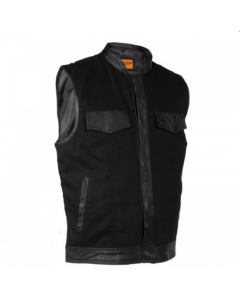 Black Denim Club Style Vest with Leather Trims - RTMV8019-ZIP-BD
