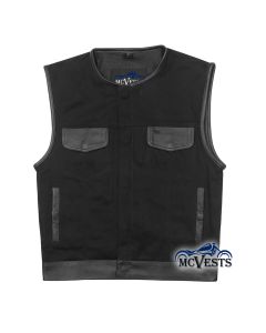 Black Denim Vest with Leather Trim