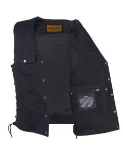 Black Denim Motorcycle Vest with Side Laces