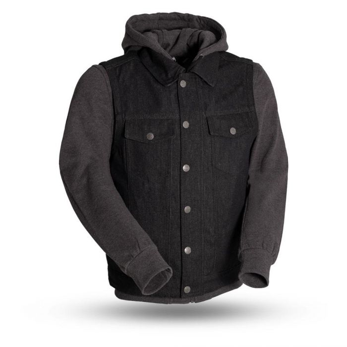 First Manufacturing Denim Vest with Hoodie (Black or Gray) - Rook