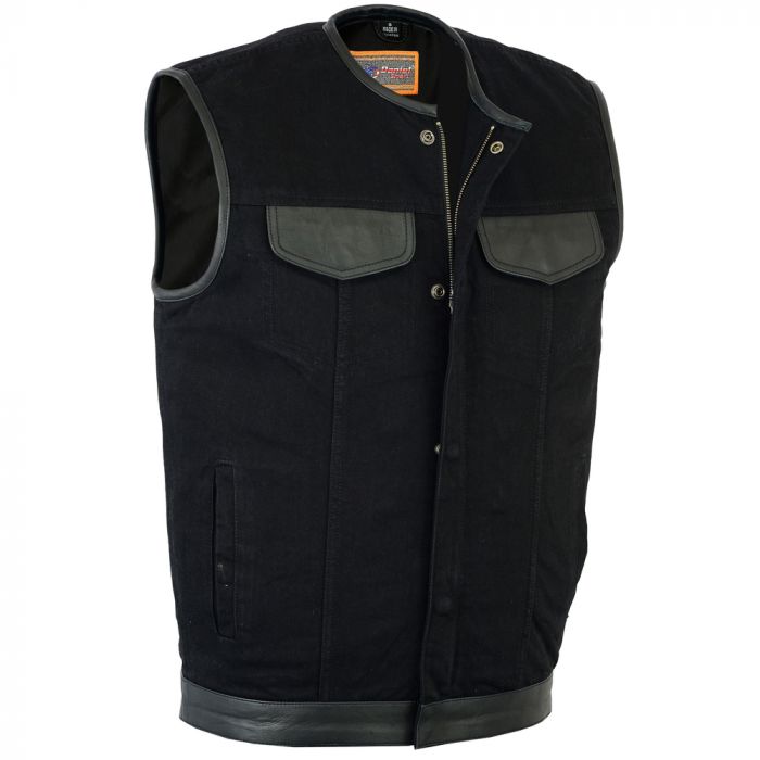 Black Size M Mens Denim Hidden Zipper MC Vest with Leather Trim