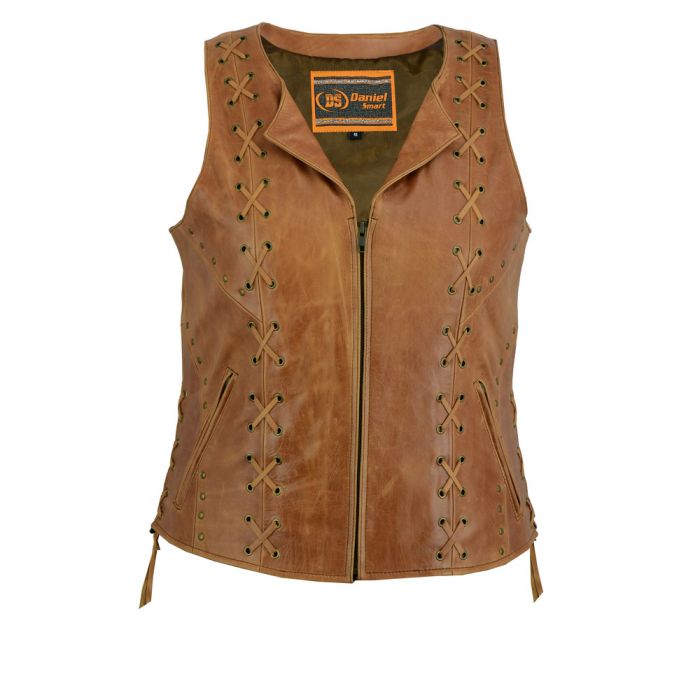 410NPBN Ladies USA Made Brown Plain Side Leather Vest 